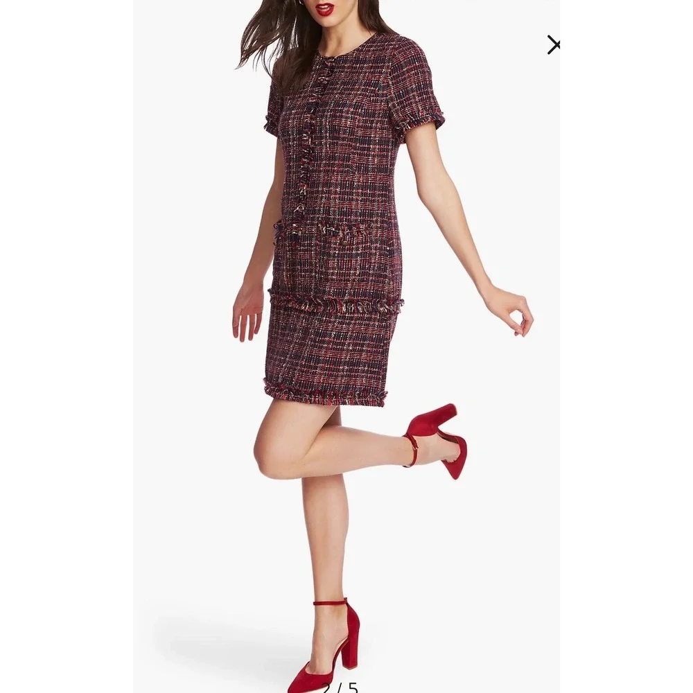 Court & Rowe Belle Noel Tweed Shift Dress Dark Academia Red Plaid Fringe 12 NEW